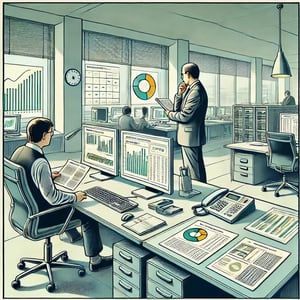 Statisticians looking at graphs on computer screens