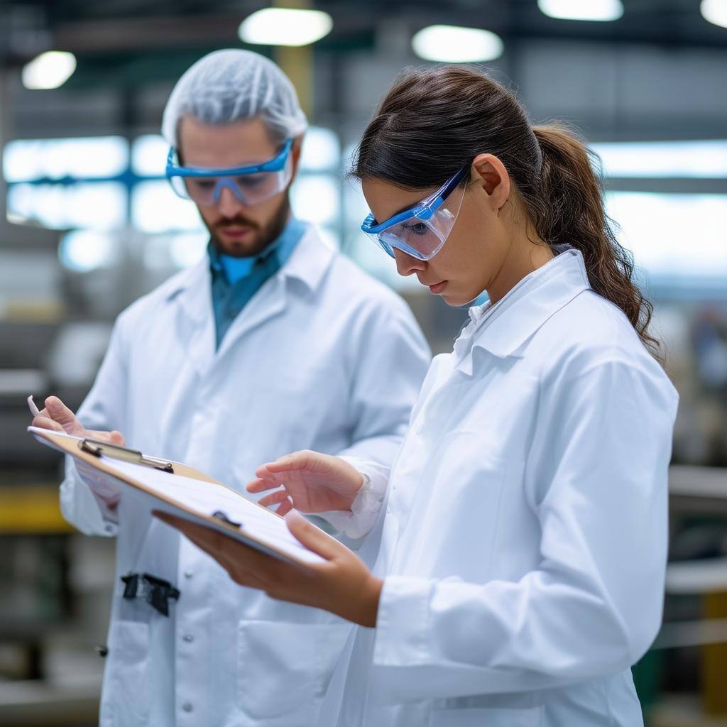 people looking at a clipboard in a manufacturing setting wearing white lab coats and protective glasses