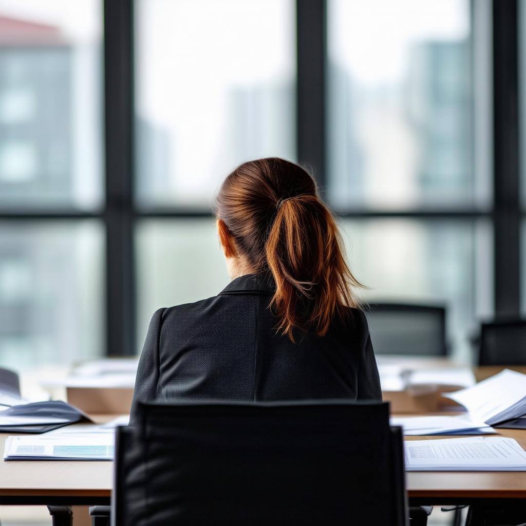 the back of a female auditor sitting in a boardroom reviewing documents