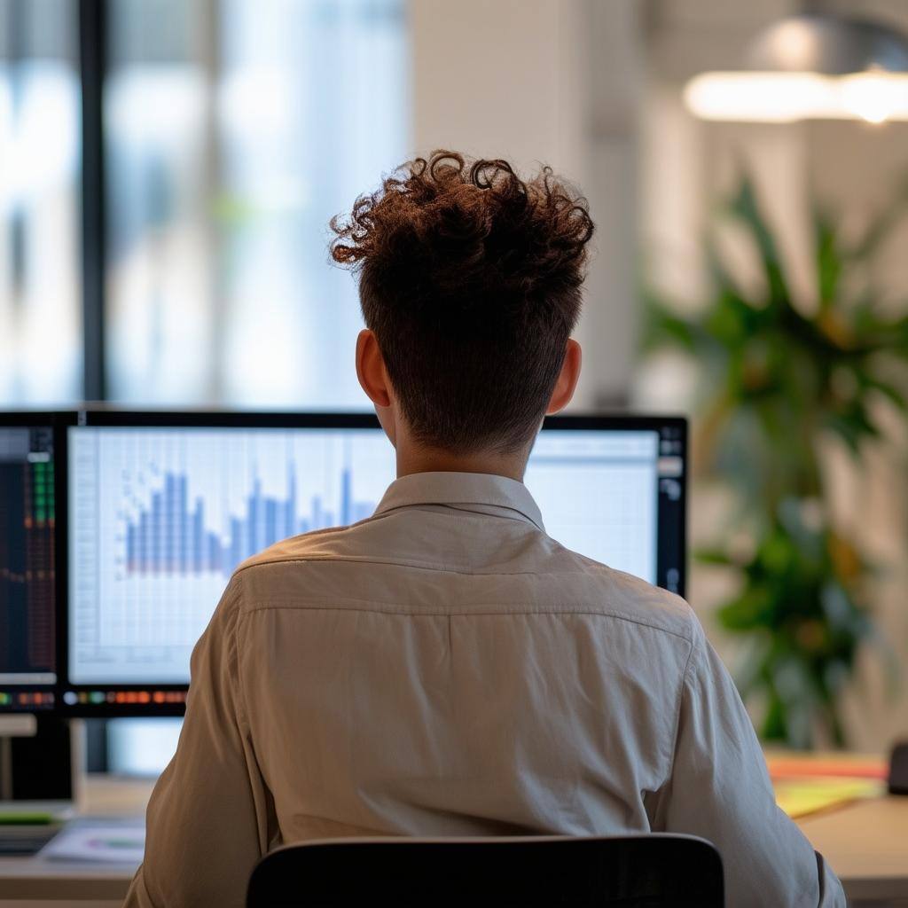 the back of a person smiling at a computer screen displaying graphs, in an office setting