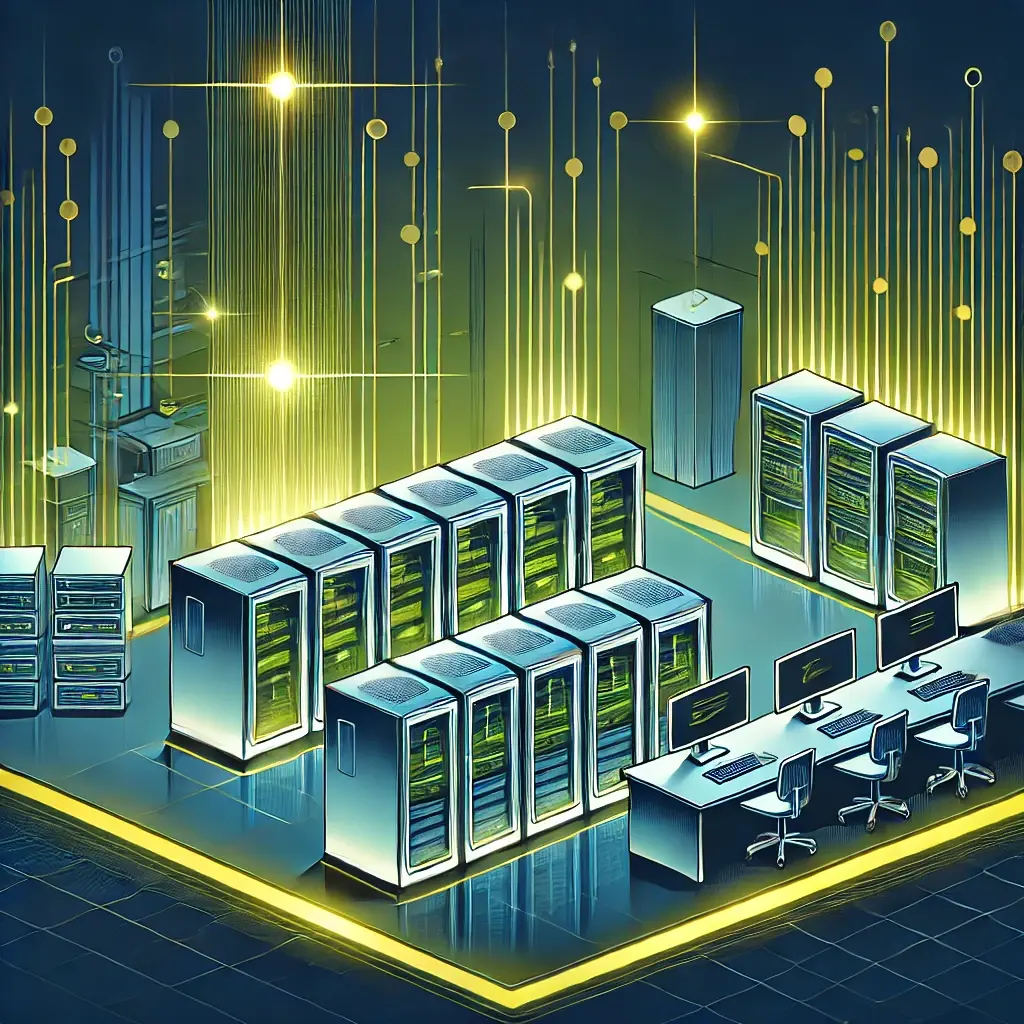 Organized computer systems interconnected by glowing green and yellow data lines, symbolizing digital connectivity and precision.